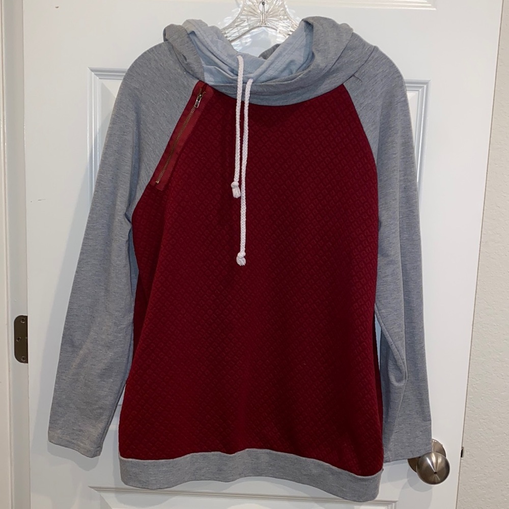 REGENBOGEN Sz L Sweatshirt Hoodie Coat Double Hood Quilted Detail Gray Dark Red